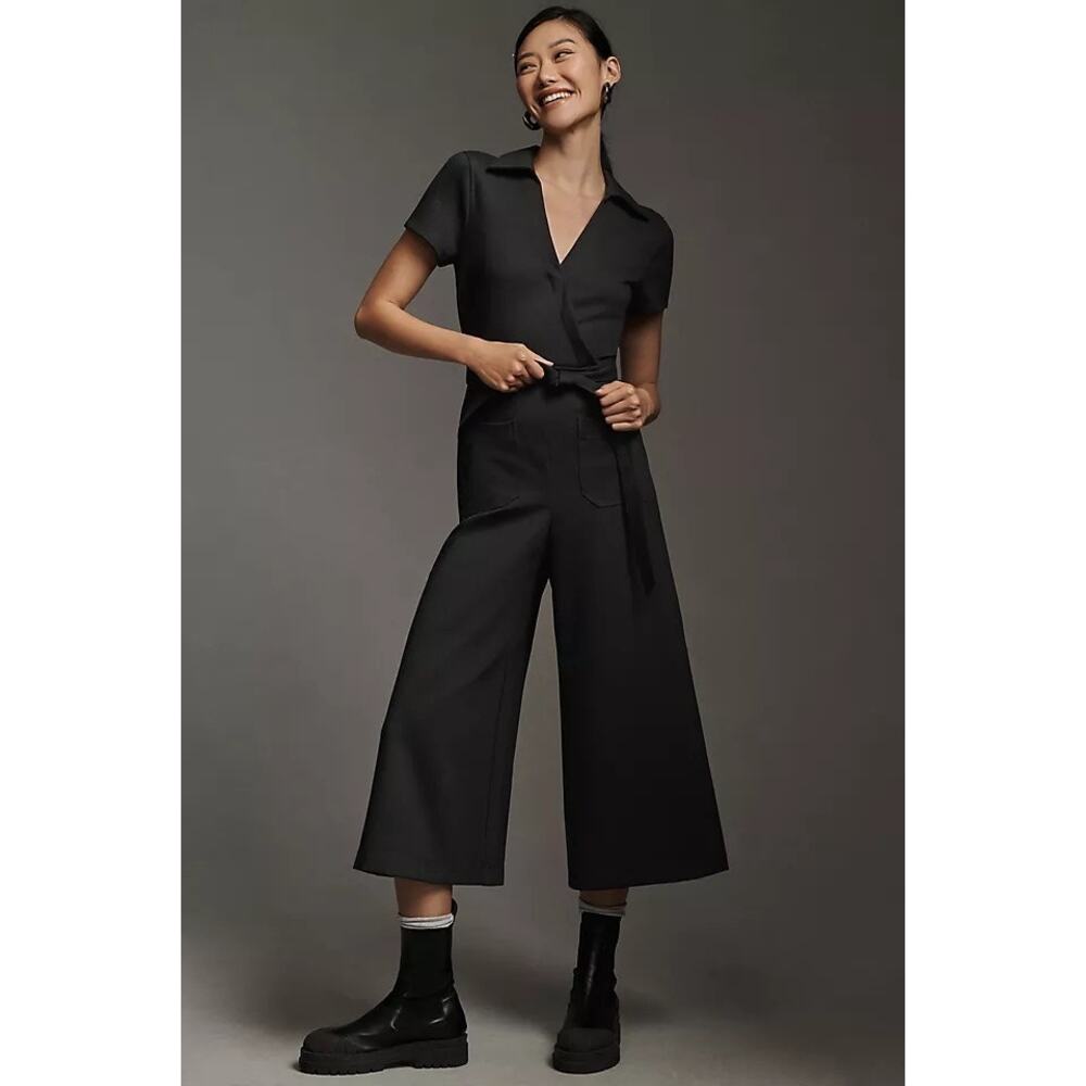 Anthropologie Maeve Black The Colette Wrap Cropped Wide Leg Jumpsuit Size 6